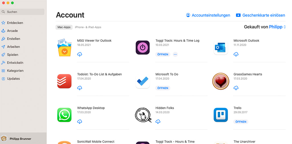 Apple App Store application on MacOS showing my account page with purchased apps. The link to reach account settings is in the upper right corner.