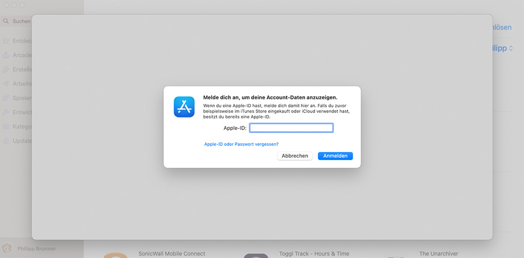 Apple App Store application on MacOS requiring me to log in using my Apple-ID. A popup on top of a popup on top of a window.