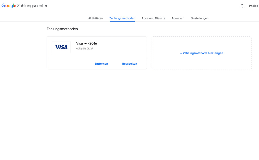 Screenshot of Google Payments payment methods page with the updated credit card, showing the new expiration date.
