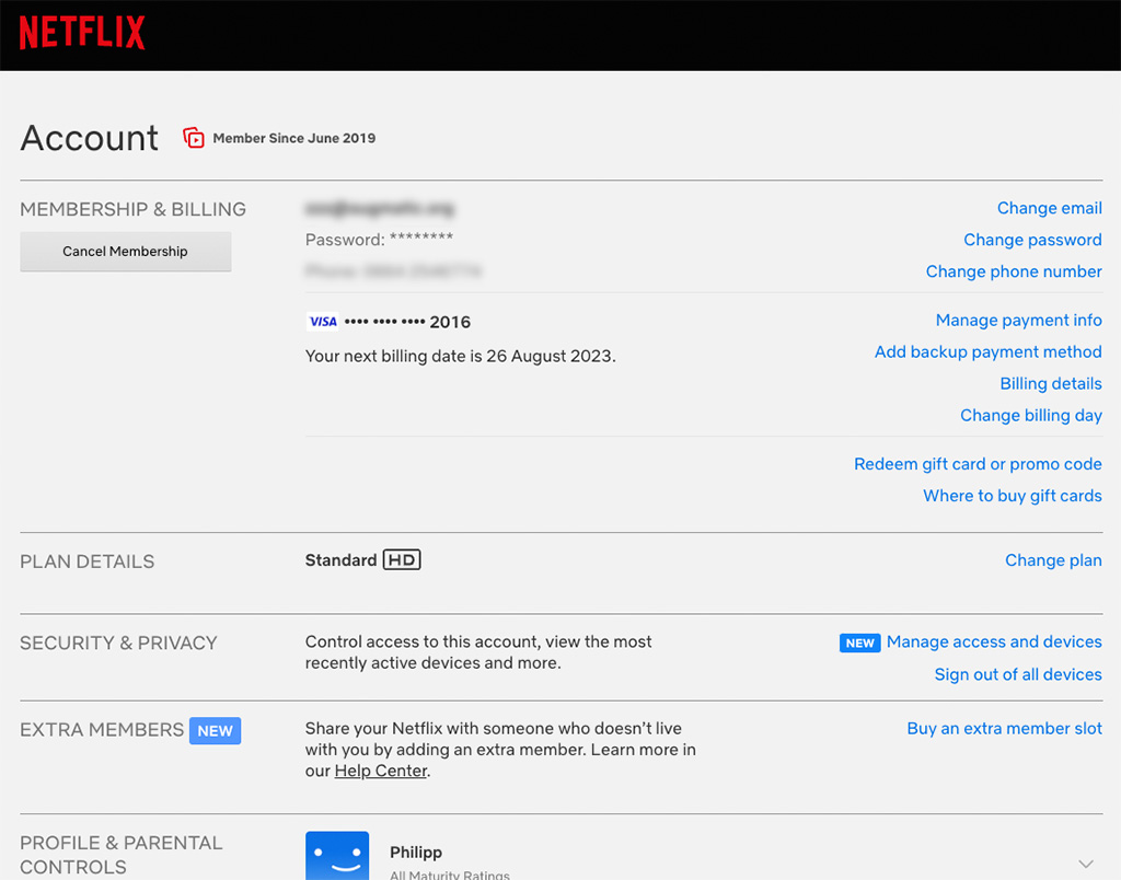 Screenshot of Netflix account page with the membership & billing section on top. My current payment method (credit card number) is visible, as well as the next billing date and a link to manage my payment infos